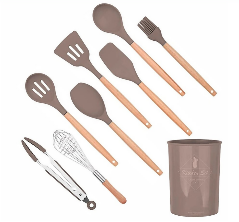 Anygleam Kitchen Utensils 7 Set Natural Beech Wooden Handle Cookware with 1 Tong and 1 Storage Tool with Storage Heat Resistant Non Stick Accessories
