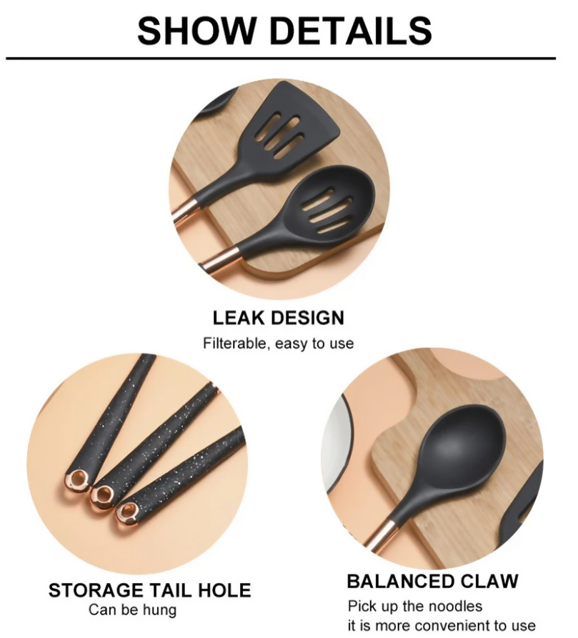 Anygleam Kitchen Utensils Non-stick Black 9 Set Gold Plated Handle with Support Point and Storage Box Cooking Tool Accessories Heat Resistant Kitchenware
