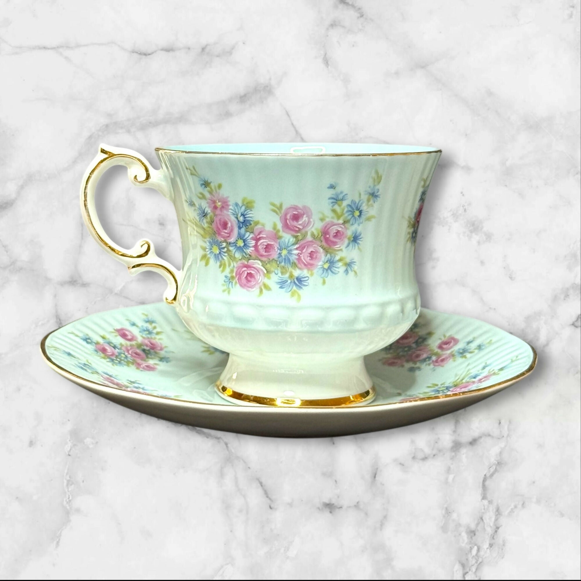 Elizabethan Fine Bone China Teacup & Saucer | Mint Floral Rose | England