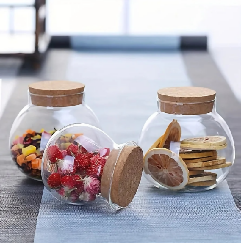 Anygleam Condiments Container Round Glass Jar Storage with Cork Lid Kitchen Organizer