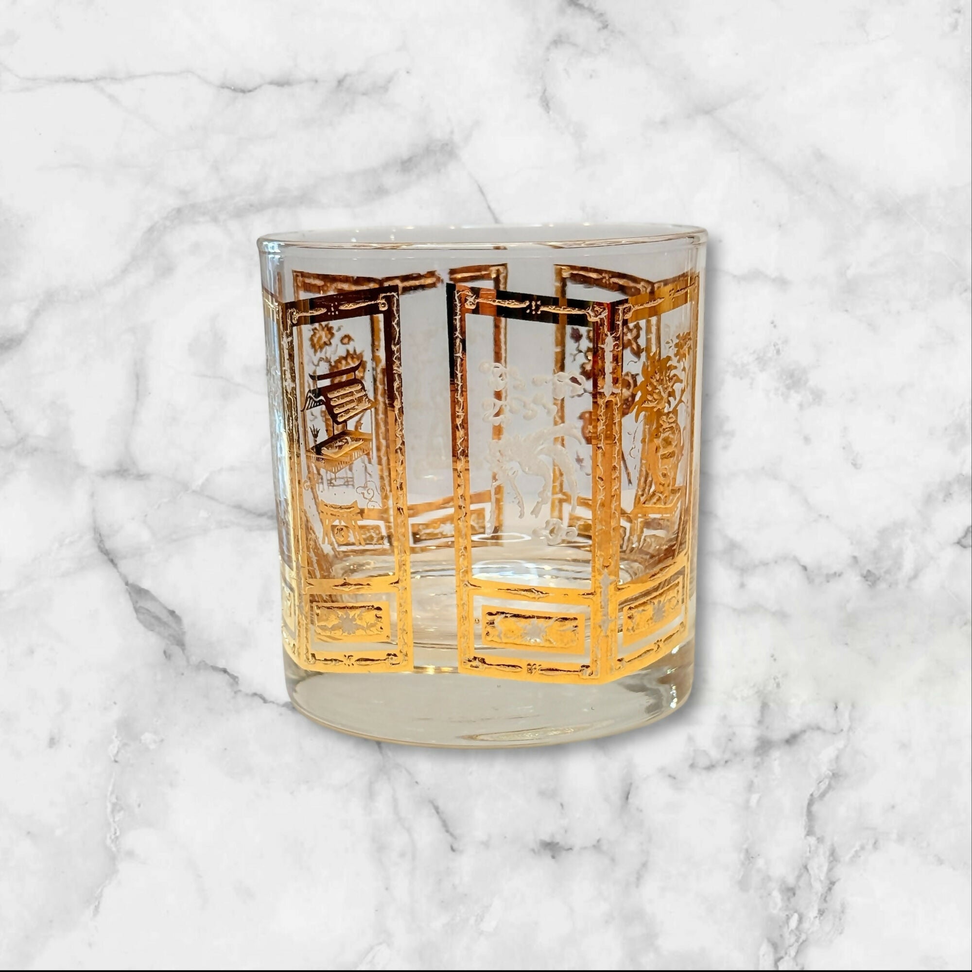 Culver 22K Gold Chinoiserie Bar Glasses | Set of 2 | Vintage MCM