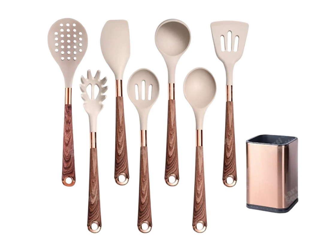 Anygleam Kitchen Utensils Non-stick Brown 7 Set Gold Plated Handle with Support Point Cooking Tool Accessories Heat Resistant Kitchenware