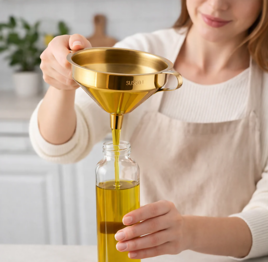 Anygleam Stainless Steel Funnel with Detachable Strainer –1 Pc Gold Wide Cone Mouth for Small Jars, Silver Kitchen Utensil