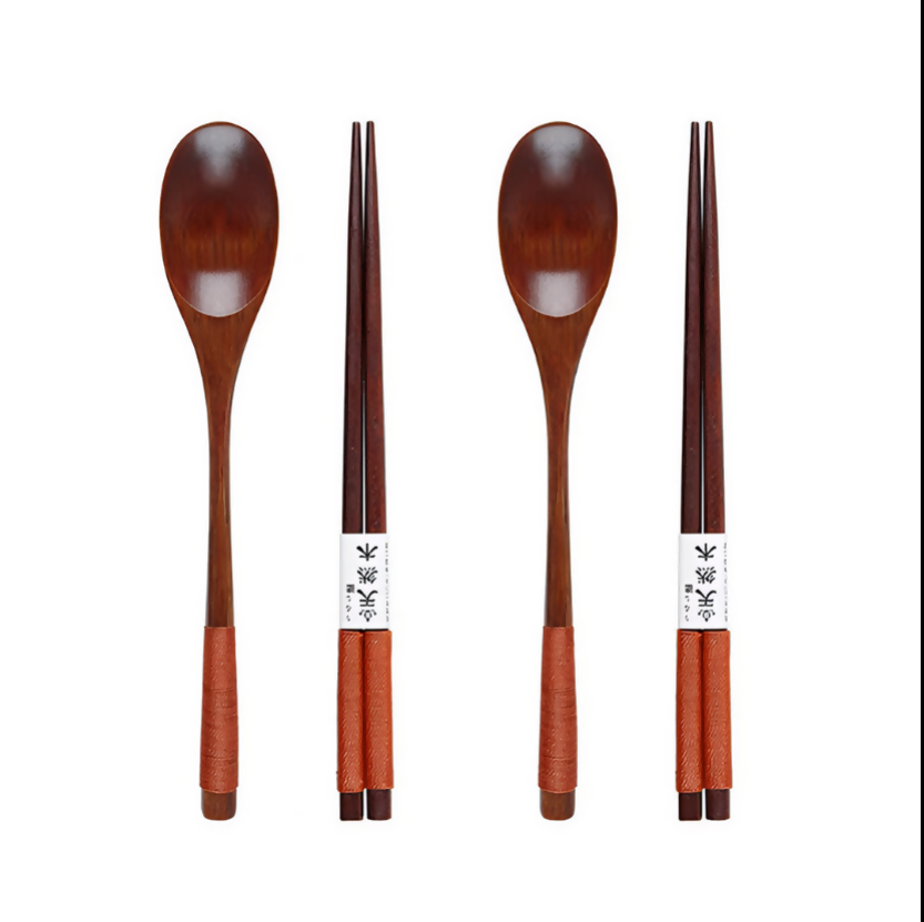 Anygleam Brown 4pcs Wooden Chopsticks and Long Ladle Set Reusable Kitchen Tableware