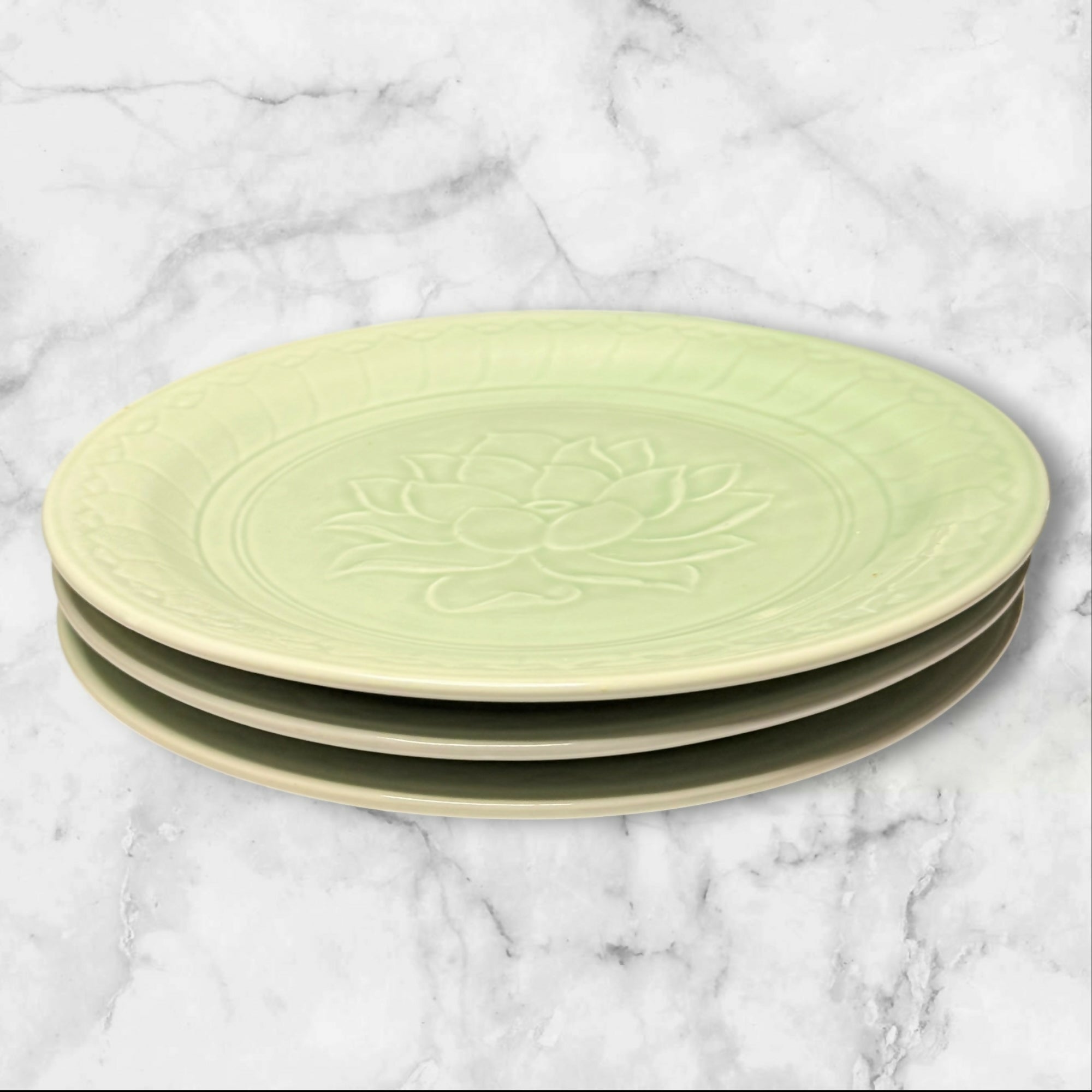 Celadon Green Lotus Dinner Plates Set of 3 Embossed Stoneware Excellent