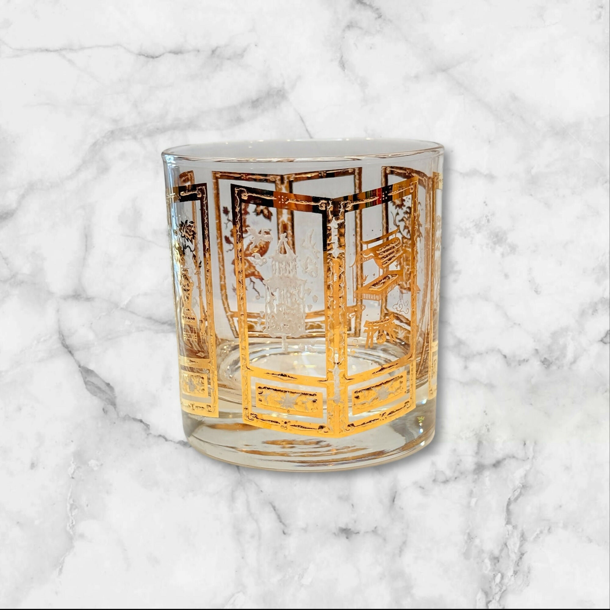 Culver 22K Gold Chinoiserie Bar Glasses | Set of 2 | Vintage MCM