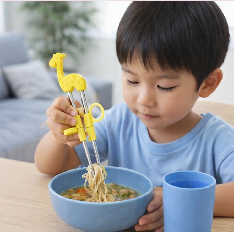Anygleam Yellow Silver Giraffe Chopsticks – 1 Pair | Reusable Stainless Steel Cartoon Kids Utensils