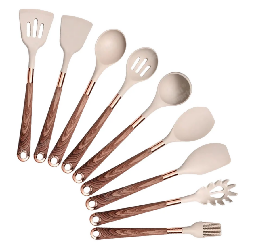 Anygleam Kitchen Utensils Non-stick Brown 9 Set Gold Plated Handle with Support Point Cooking Tool Accessories Heat Resistant Kitchenware