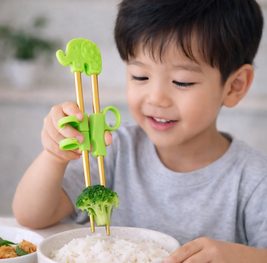 Anygleam Green Gold Elephant Chopsticks – 1 Pair | Reusable Stainless Steel Cartoon Kids Utensils
