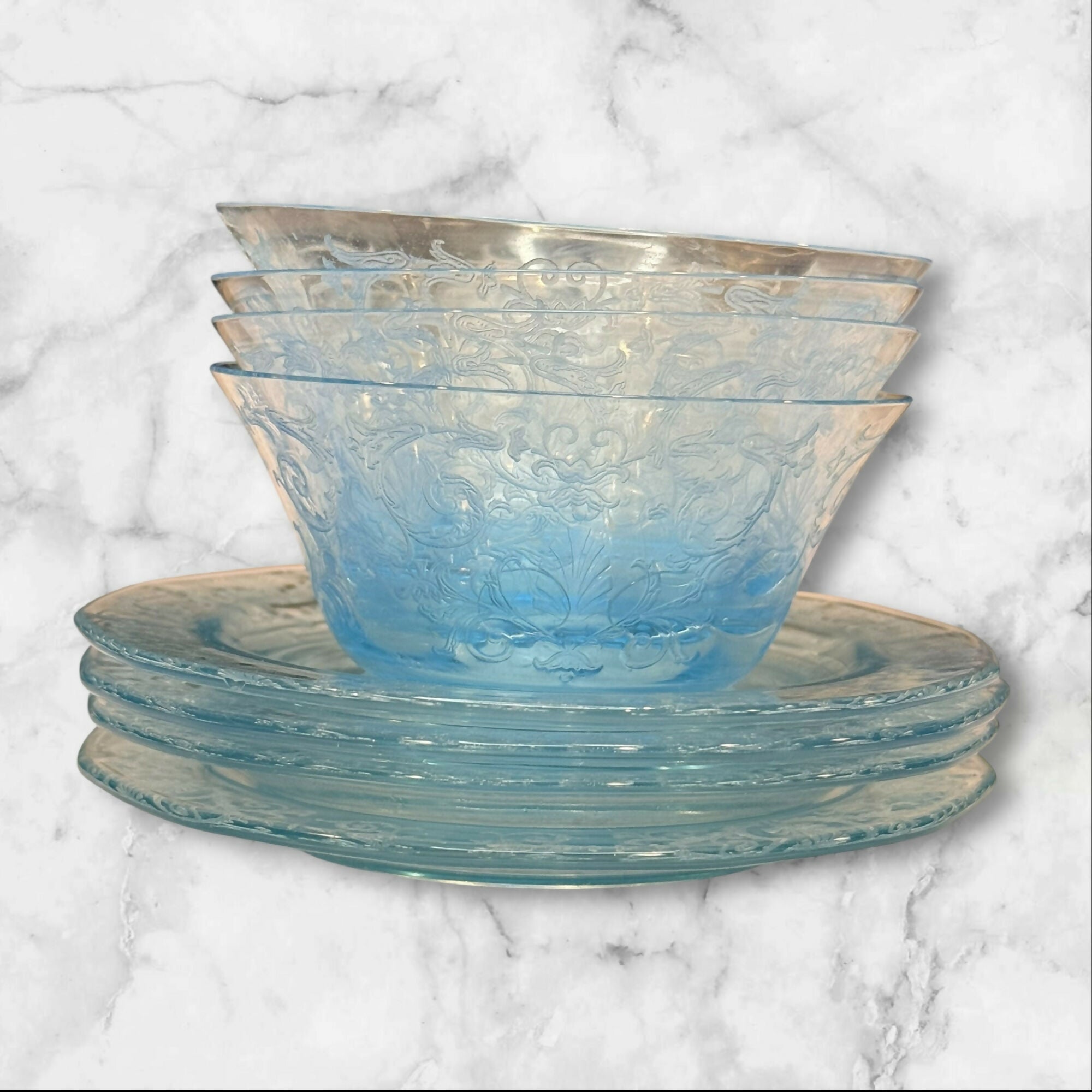 Fostoria Versailles Blue Finger Bowls & Underplates | Set of 4 | Great