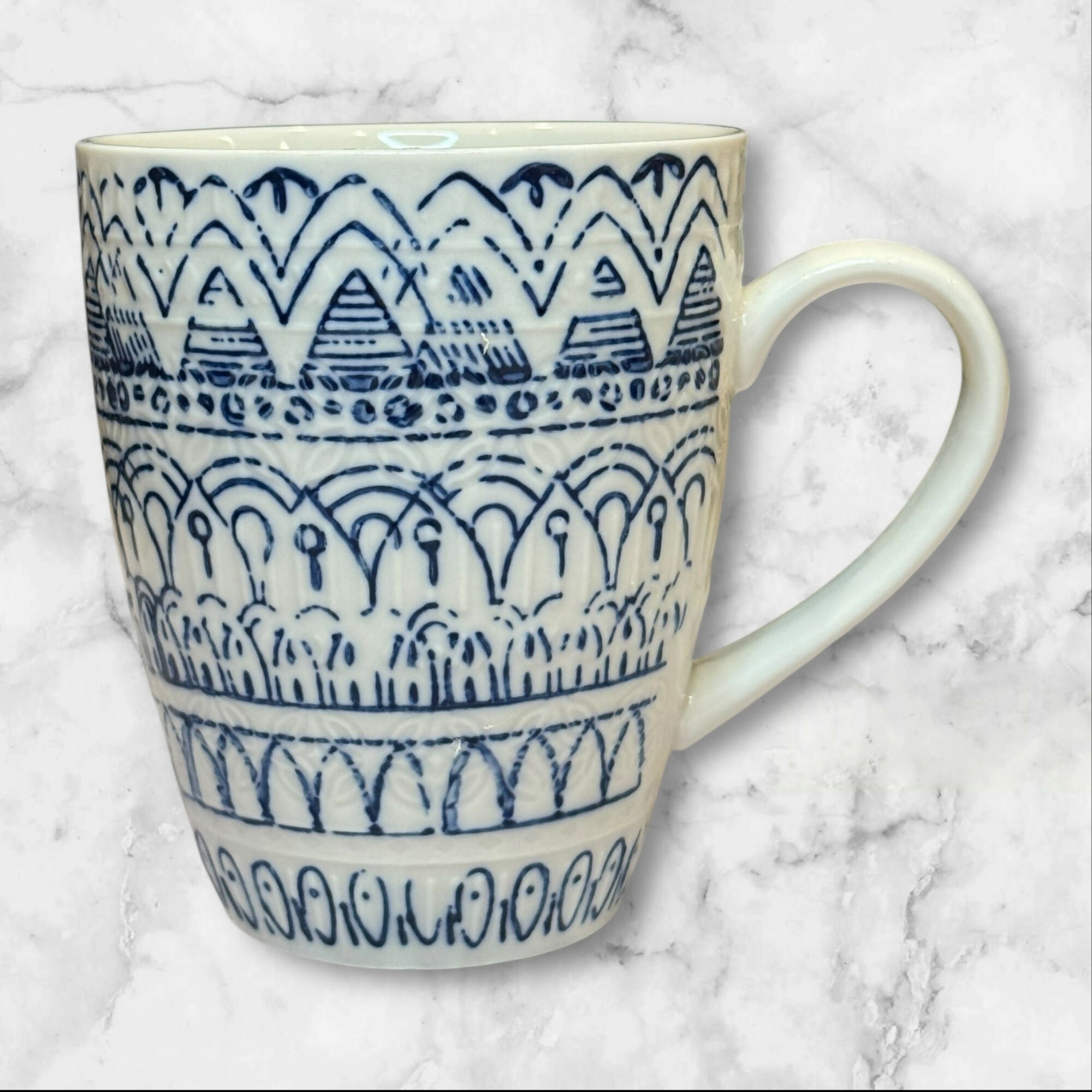 Pier 1 Embossed Blue & White Porcelain Mugs | Set of 2 | Excellent Condition
