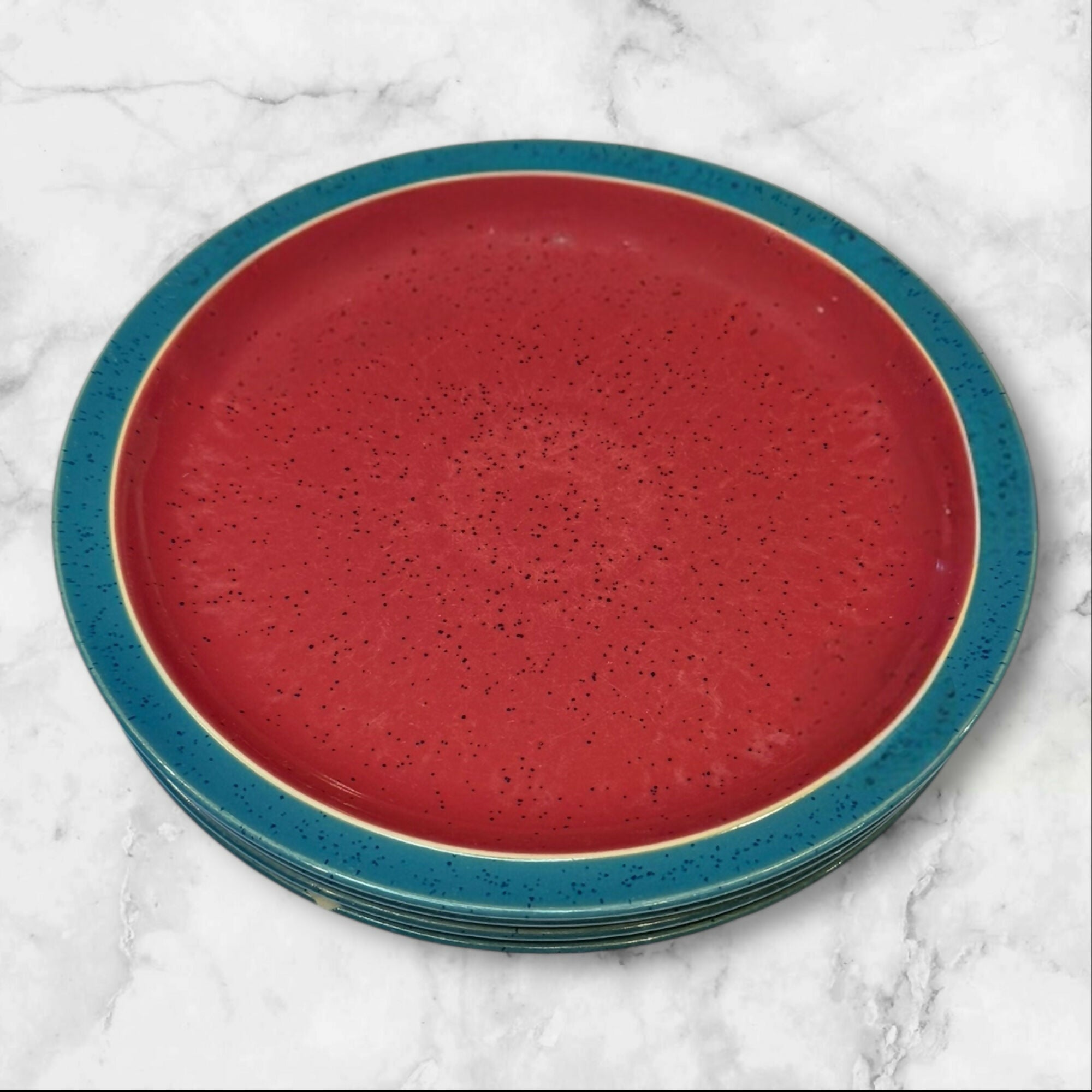 Denby Harlequin Red/Green Stoneware Dinner Plates | Set of 4 | Good