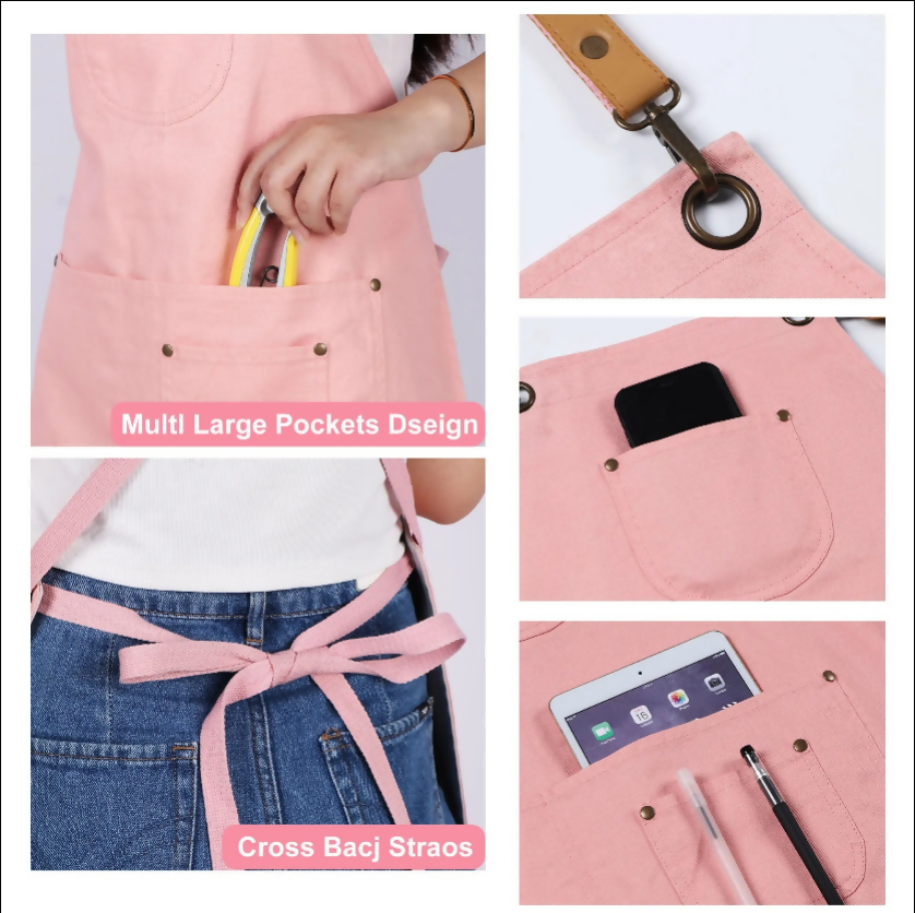 Anypron Pink Grey Cooking Apron for Men Women Chef Waiter Cafe Workwear