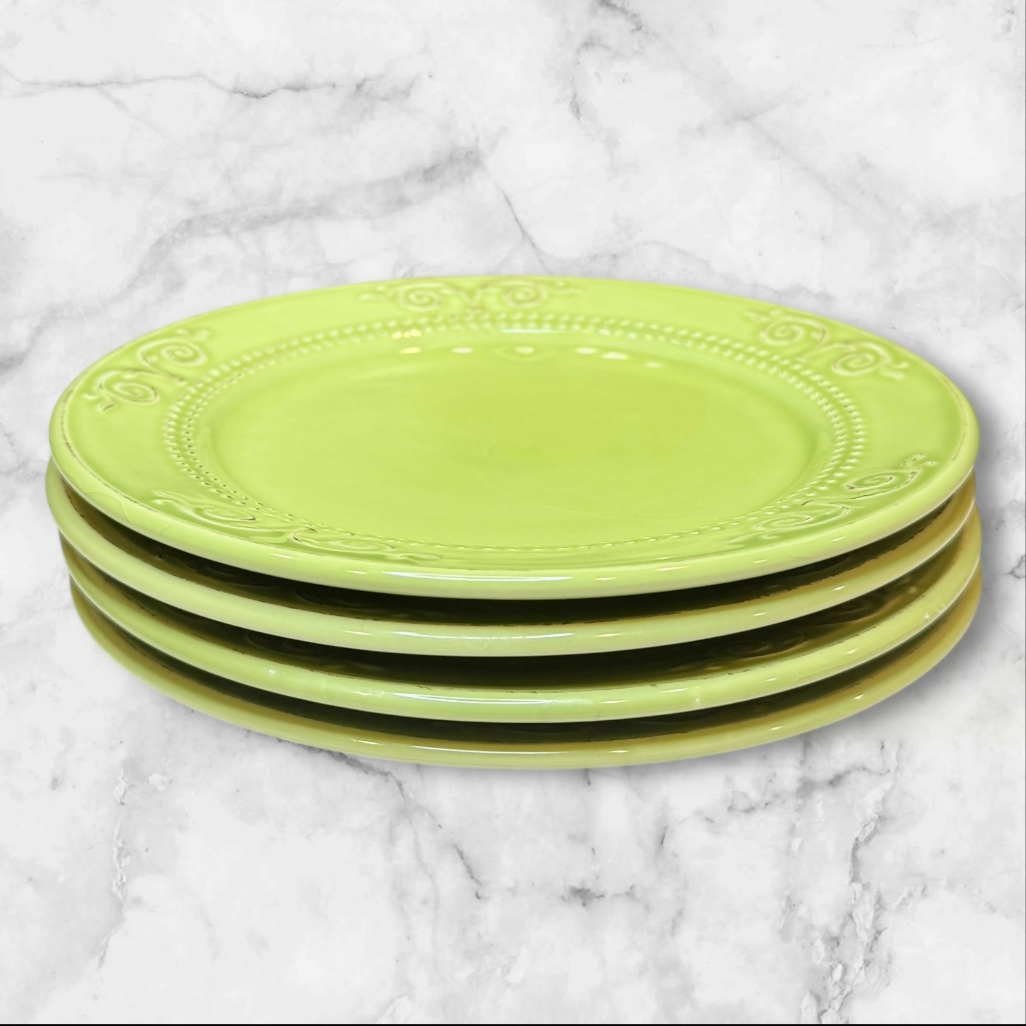 Matceramica Green Scroll Salad Plates | Portuguese Stoneware | Set of 4 | Excellent
