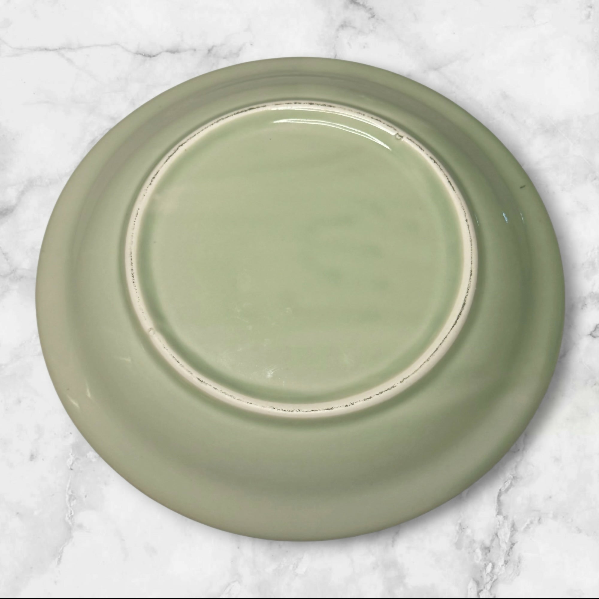 Celadon Green Lotus Dinner Plates Set of 3 Embossed Stoneware Excellent