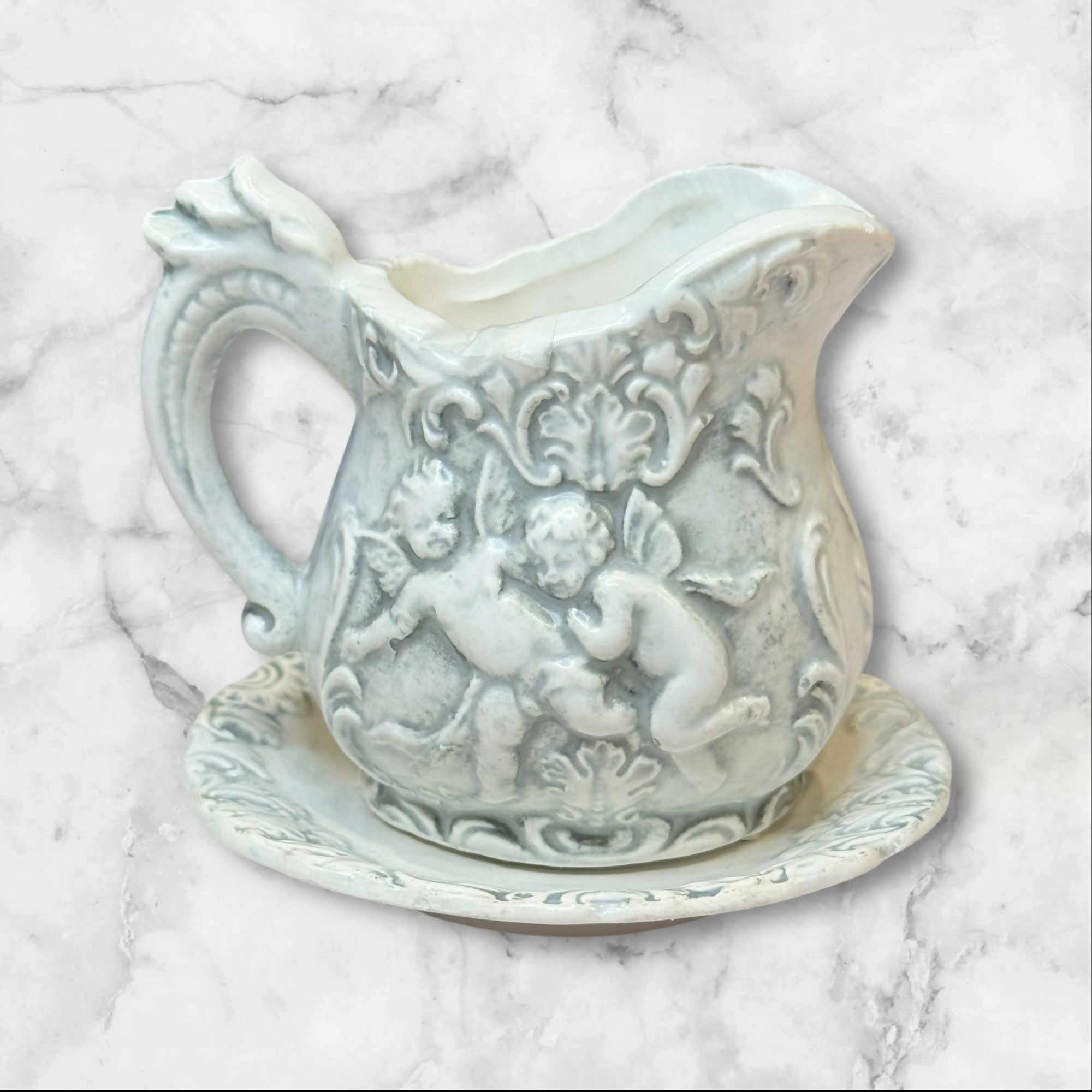 Rossini Japan Cherub Teapot Creamer Set | Gray Glaze | Excellent Vintage