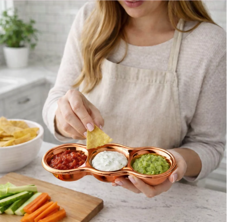 Anygleam Rose Gold Stainless Steel 3-Grid Sauce Dish – Seasoning & Dipping Plates for Kitchenware