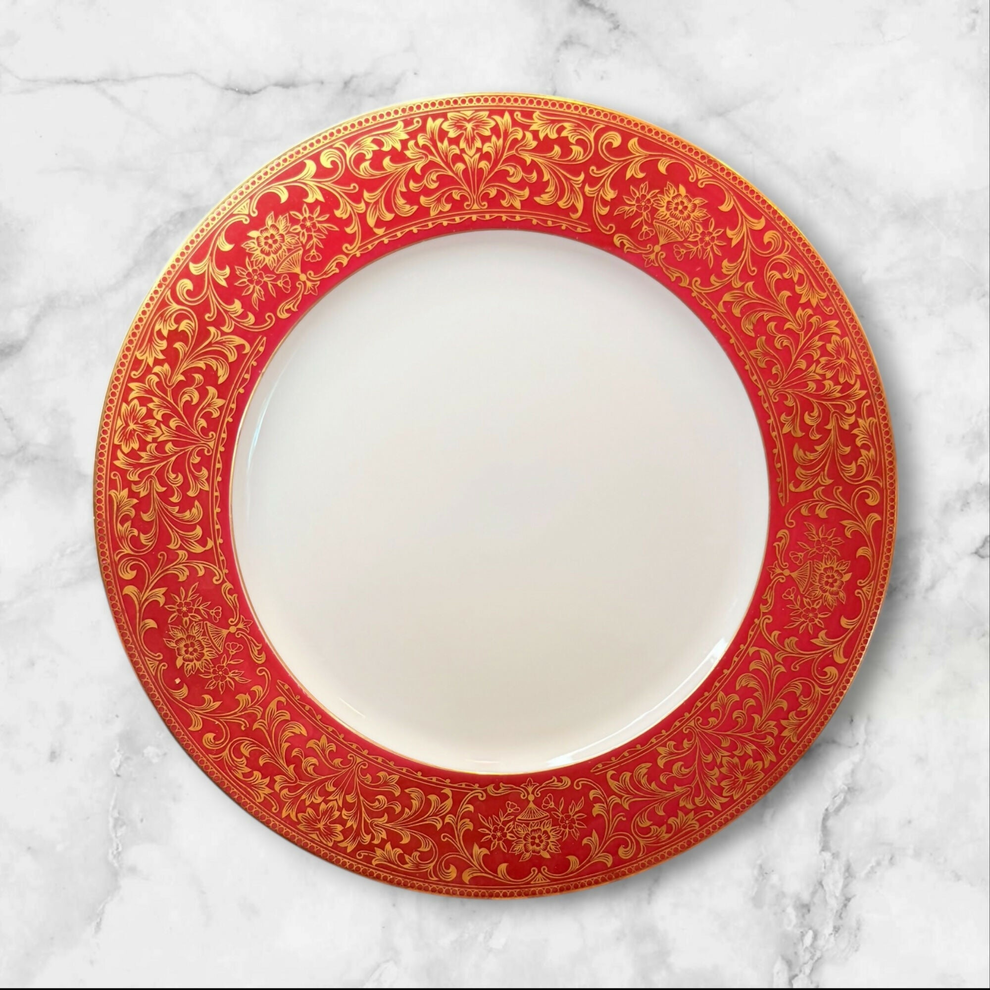 Set of 4 Modern China Prince George Dinner Plates 10.5 Inch Red Gold Trim