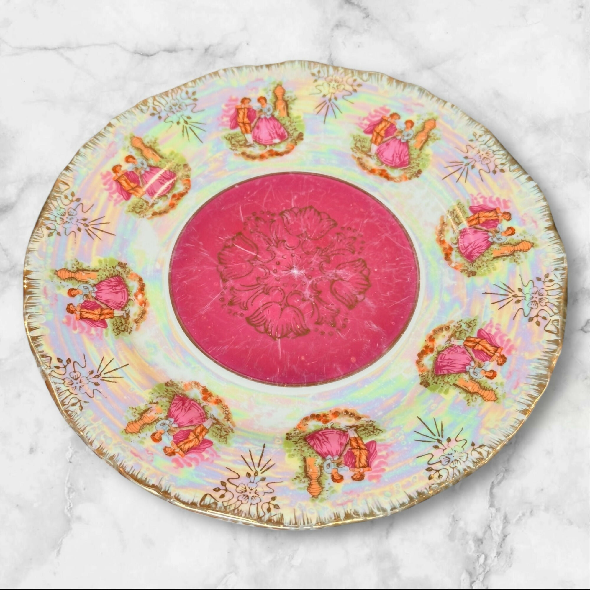 Vintage Japanese Lustreware Courting Couple Salad Plates | Set of 4 | Good Condition