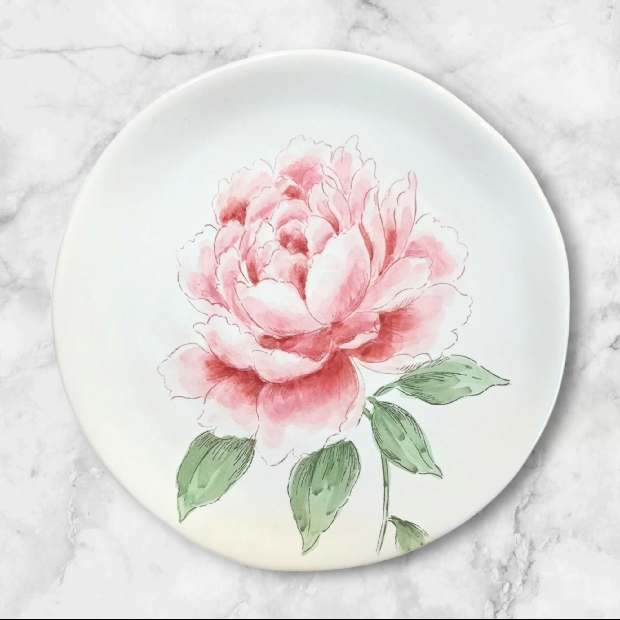 Pink Peony Floral Salad Plates | Set of 4 | Botanical Stoneware | Excellent Condition