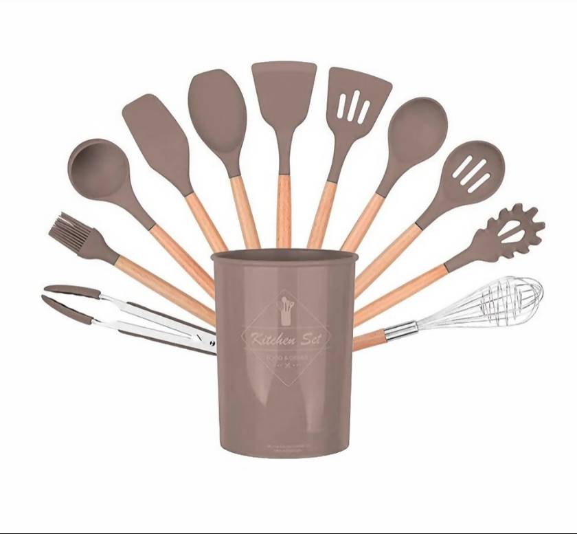 Anygleam Kitchen Utensils 11 Set Natural Beech Wooden Handle Cookware Tool with Storage Heat Resistant Non Stick Accessories