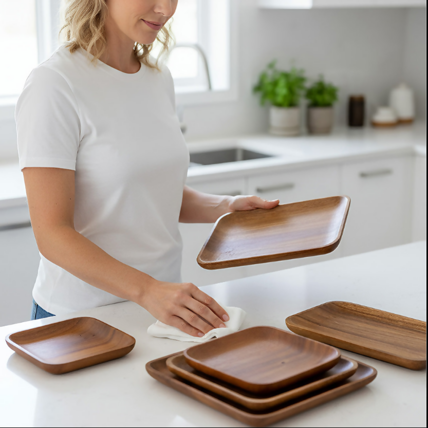 Anygleam Brown 6pcs Acacia Wood Plate Food Kitchen Tableware