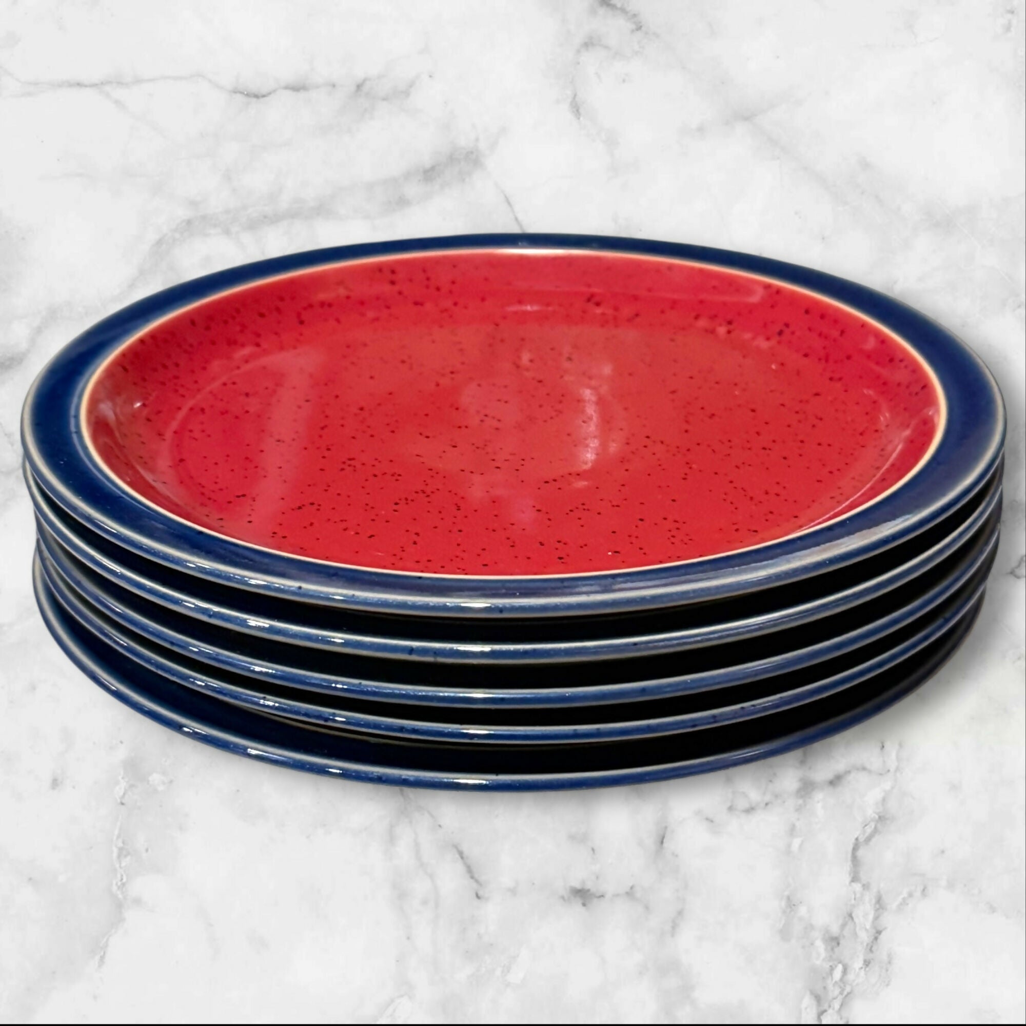 Denby-Langley Harlequin Red Blue Stoneware Salad Plates | Set of 5 | Great Condition