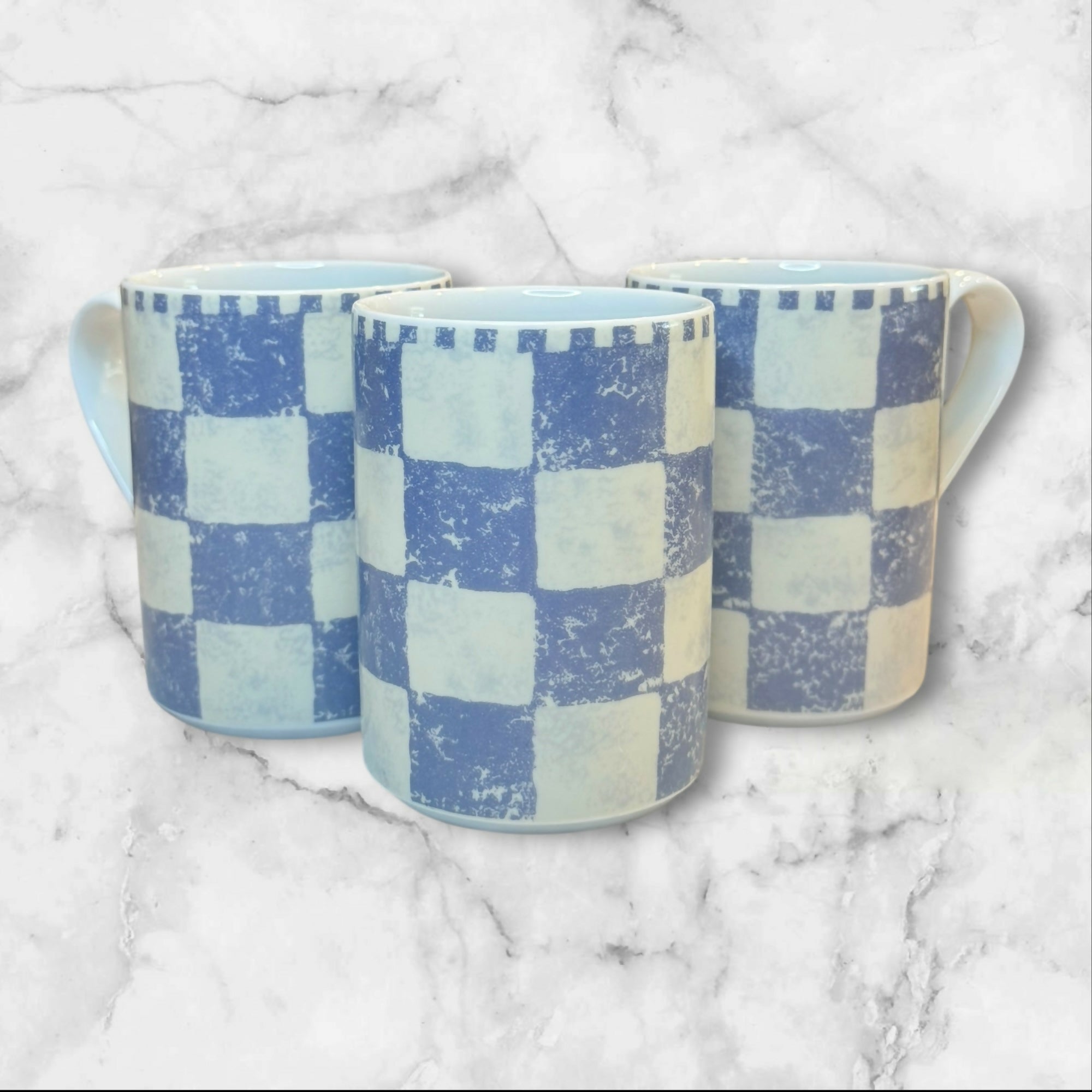 Dansk Chekar Blue Checkerboard Mugs Set of 3 | Excellent Condition