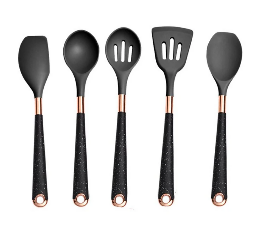 Anygleam Kitchen Utensils Non-stick Black 5 Set Gold Plated Handle with Support Point Cooking Tool Accessories Heat Resistant Kitchenware