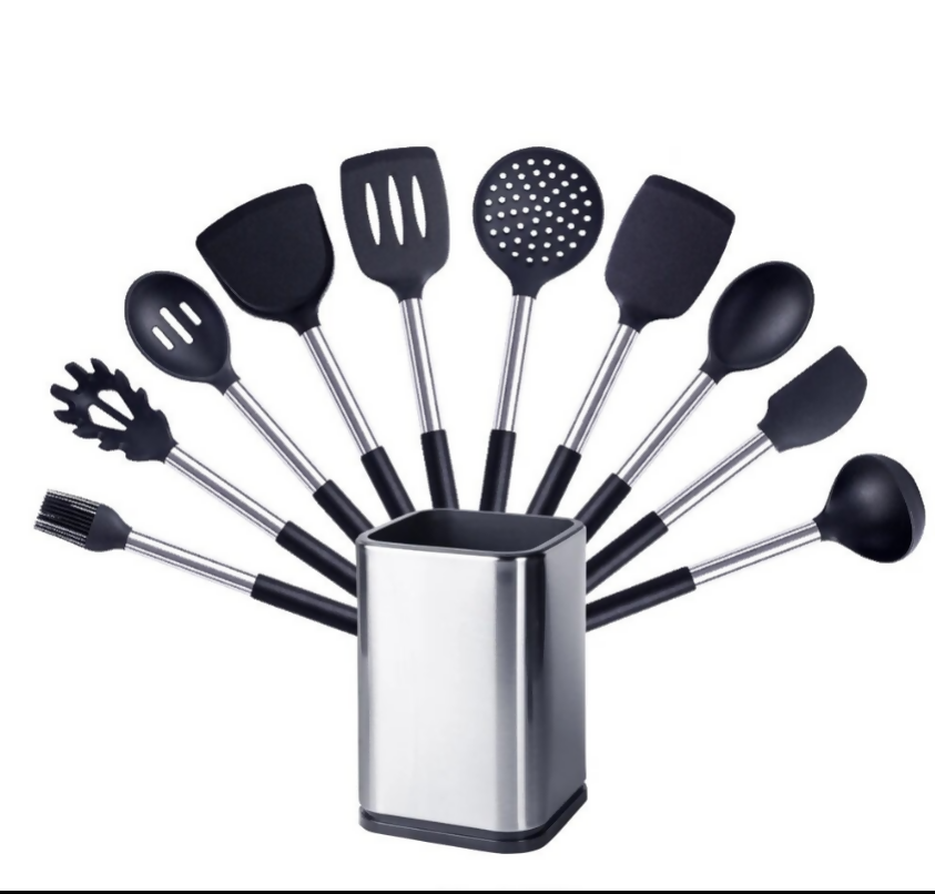 Anygleam Kitchen Utensils Non-stick Black/ Silver 10 Set Cooking Tool with Storage Box Accessories Heat Resistant Kitchenware