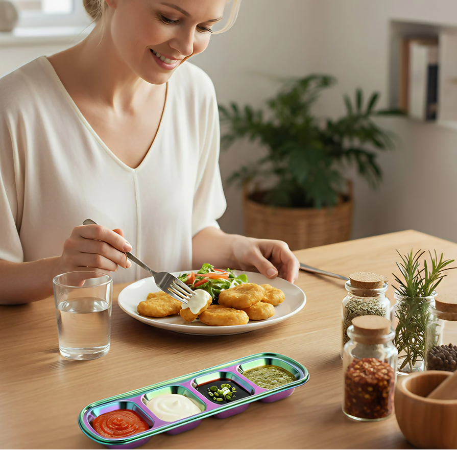 Anygleam Pink Rainbow Stainless Steel 4-Grid Sauce Dish – Seasoning & Dipping Plates for Kitchenware