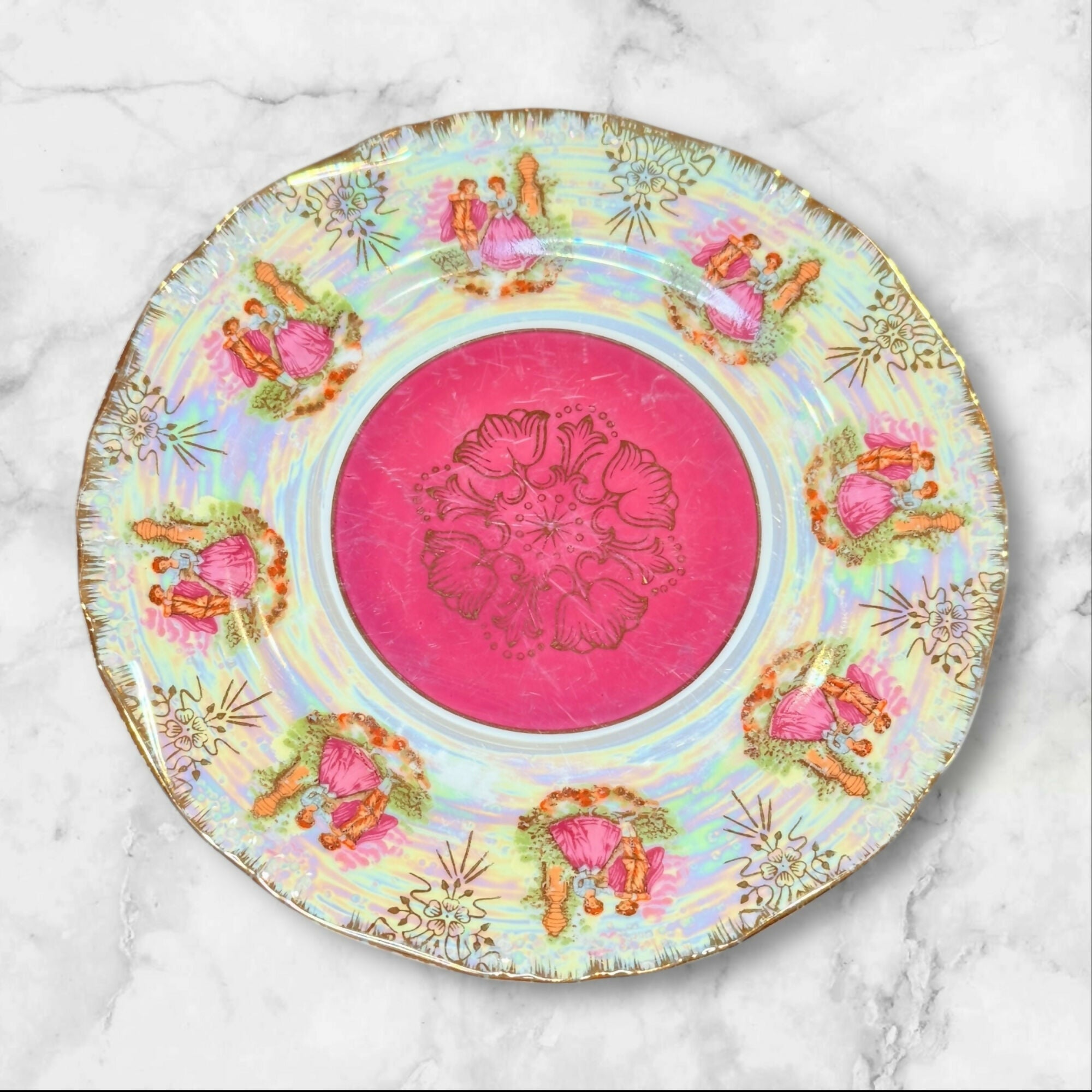 Vintage Japanese Lustreware Courting Couple Salad Plates | Set of 4 | Good Condition