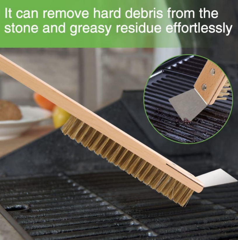 Anygleam Wooden 40cm Pizza Oven Copper Brush with Metal Scraper Tool Cleaning Accessories