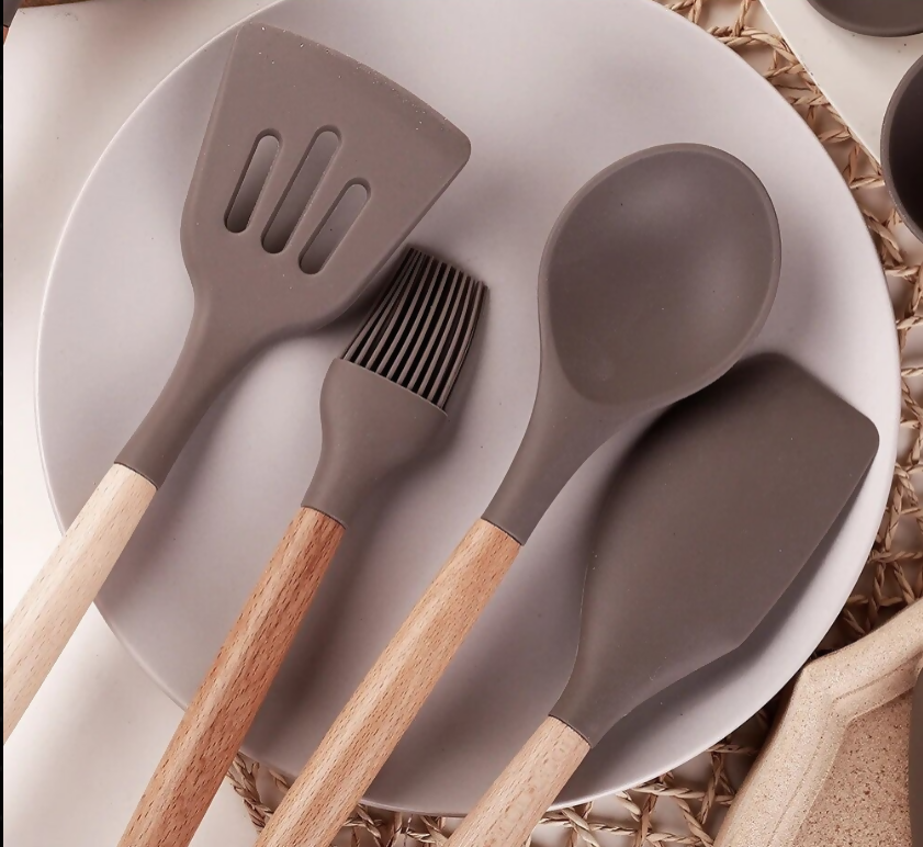 Anygleam Kitchen Utensils 11 Set Natural Beech Wooden Handle Cookware Tool Heat Resistant Non Stick Accessories