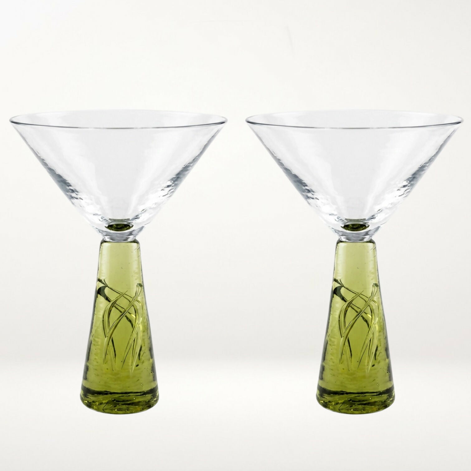 Art Glass Martini Glasses Green Stem Swirl Design | Set of 2 | Excellent Condition